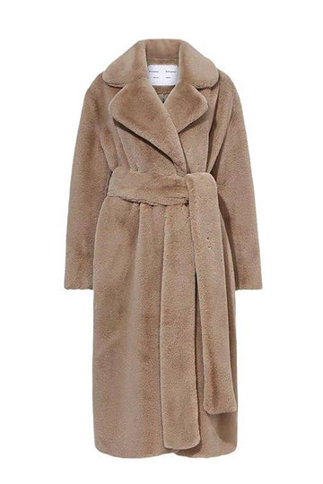 Khaki Faux Fur Shearling Long Open Front Coat med belte